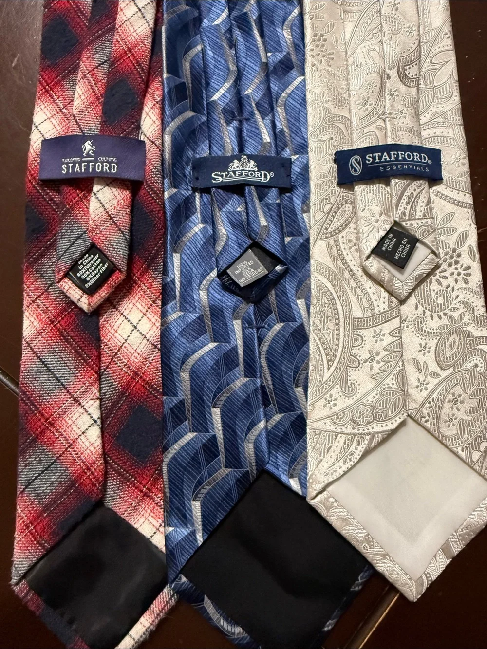 Stafford Three-Tie Set — Red Plaid, Blue Geometric, Cream Paisley